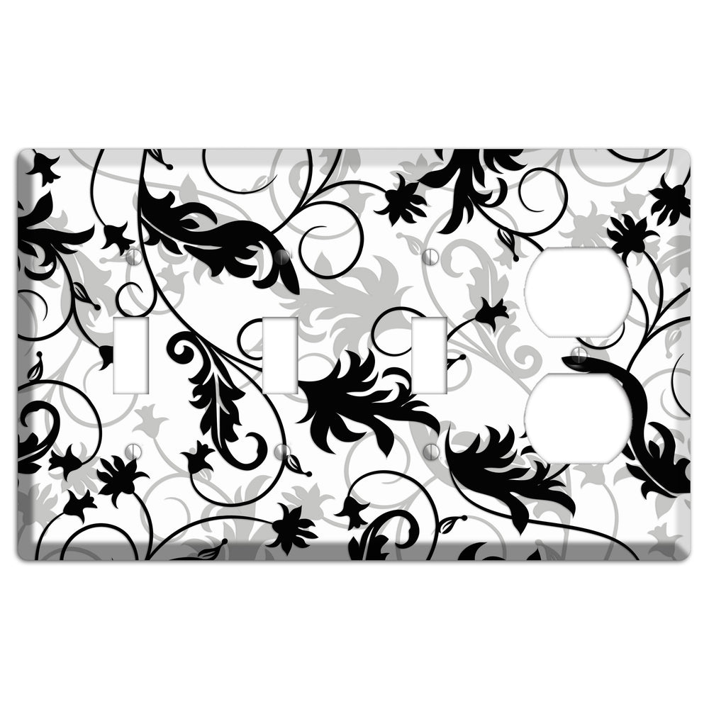 Black White and Grey Victorian Sprig 3 Toggle / Duplex Wallplate