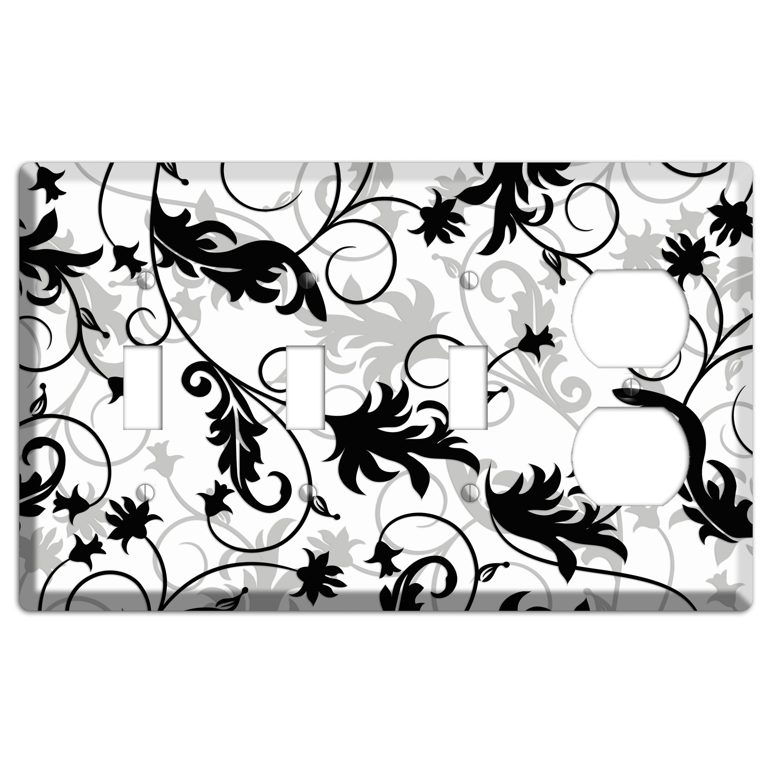 Black White and Grey Victorian Sprig 3 Toggle / Duplex Wallplate