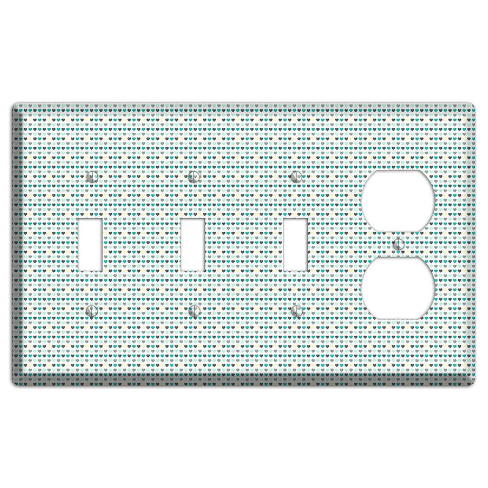 Multi Teal Grey Yellow Optical Hearts 3 Toggle / Duplex Wallplate