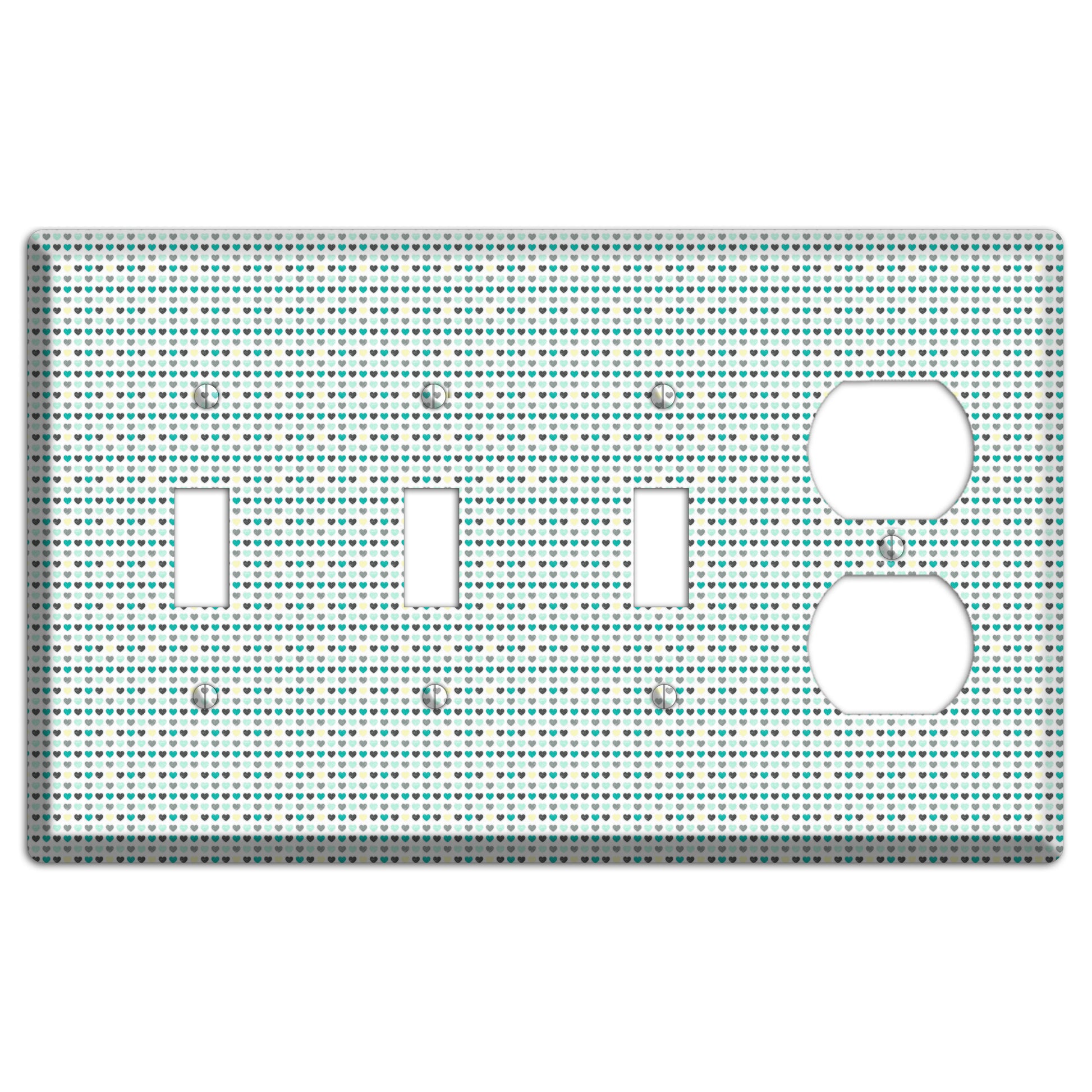 Multi Teal Grey Yellow Optical Hearts 3 Toggle / Duplex Wallplate