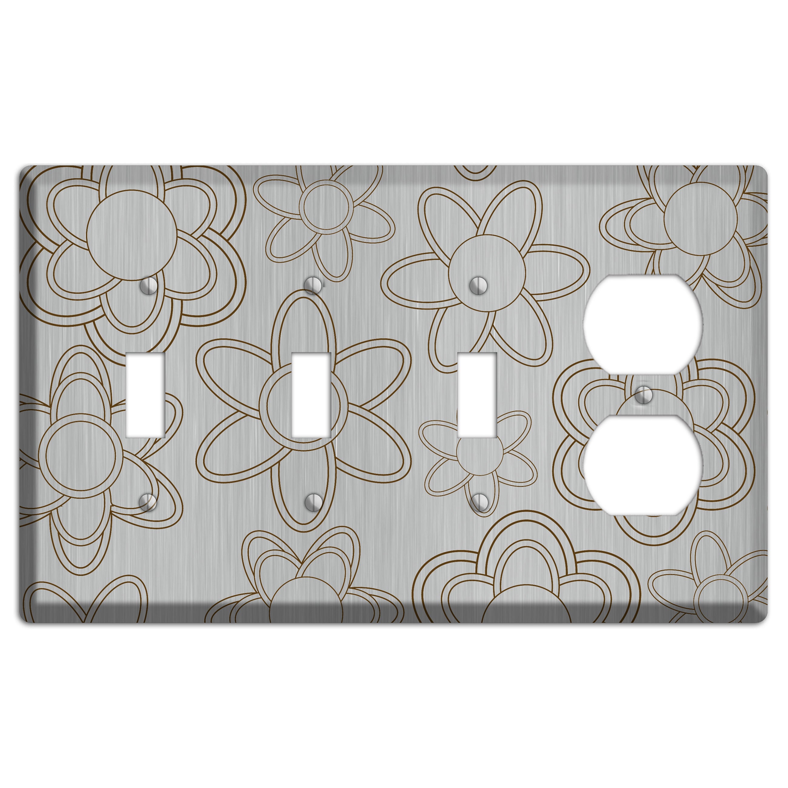 Retro Floral Contour  Stainless 3 Toggle / Duplex Wallplate