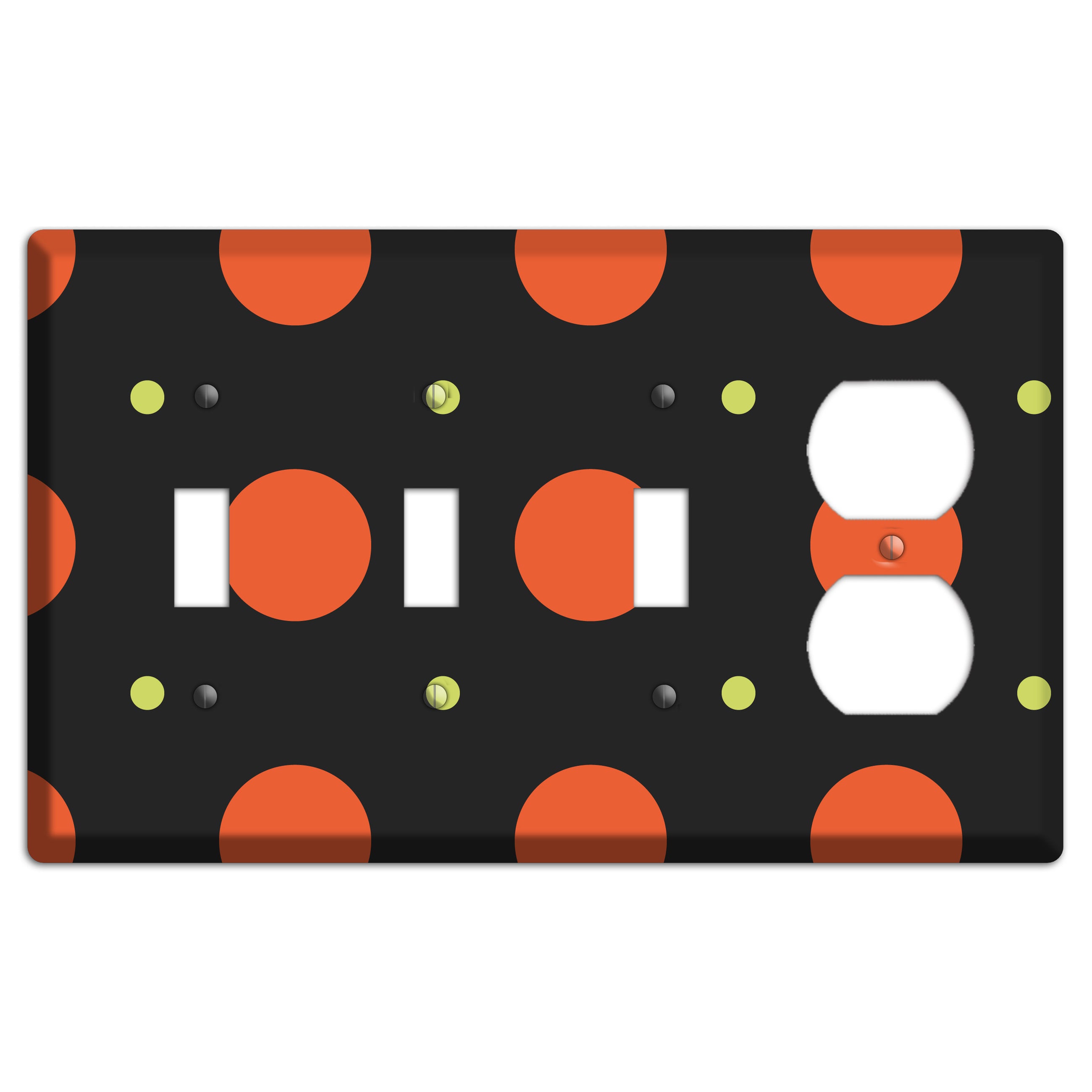Black wih Orange and Lime Multi Tiled Medium Dots 3 Toggle / Duplex Wallplate