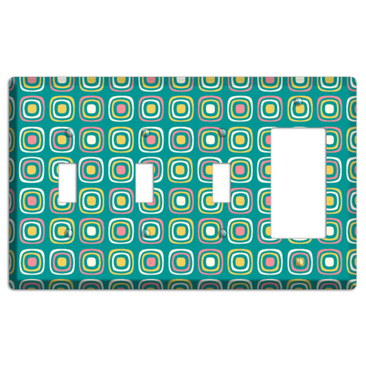 Mulri Teal Coral Lime Retro Squares 3 Toggle / Rocker Wallplate