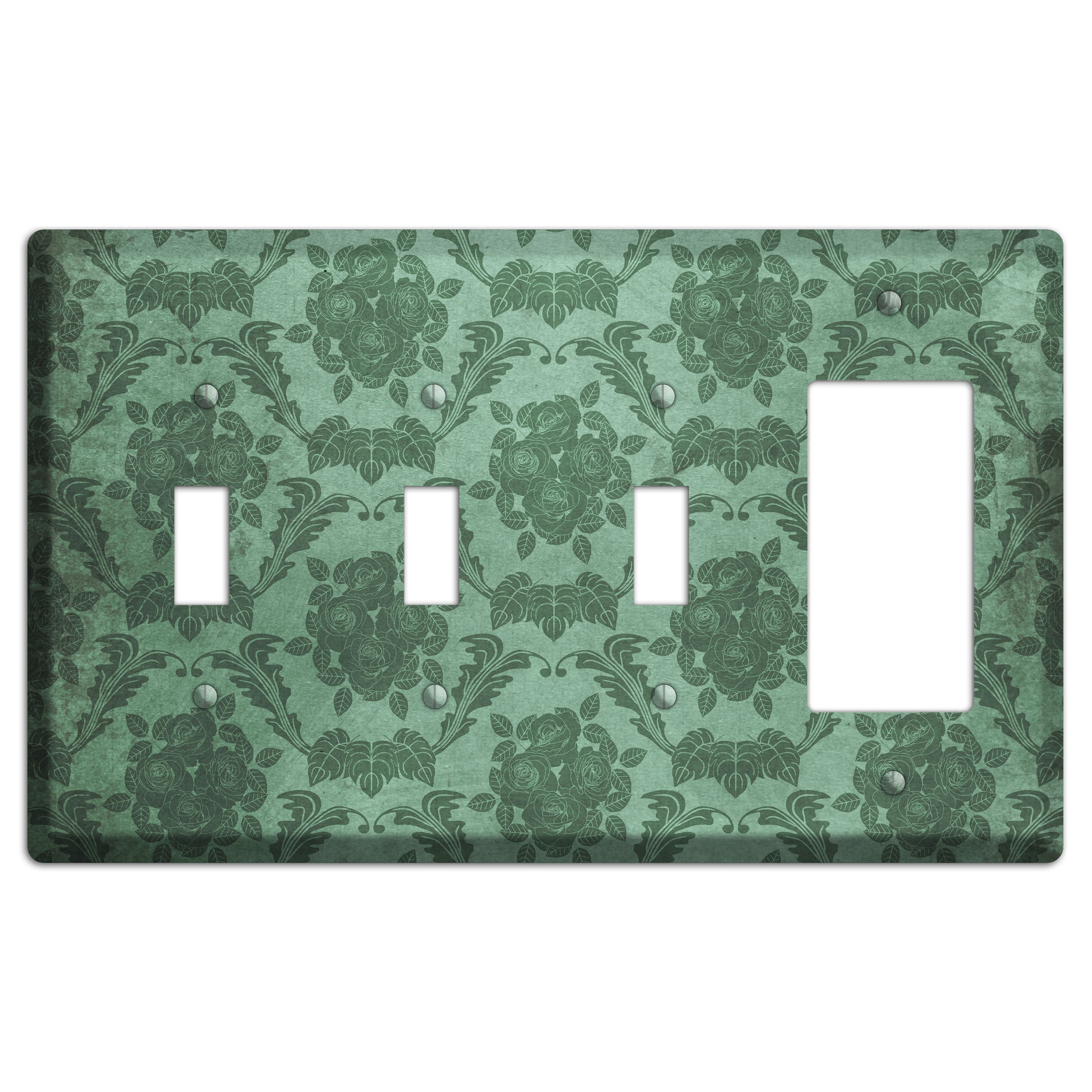 Viridian Green Vintage Rose Damask 3 Toggle / Rocker Wallplate