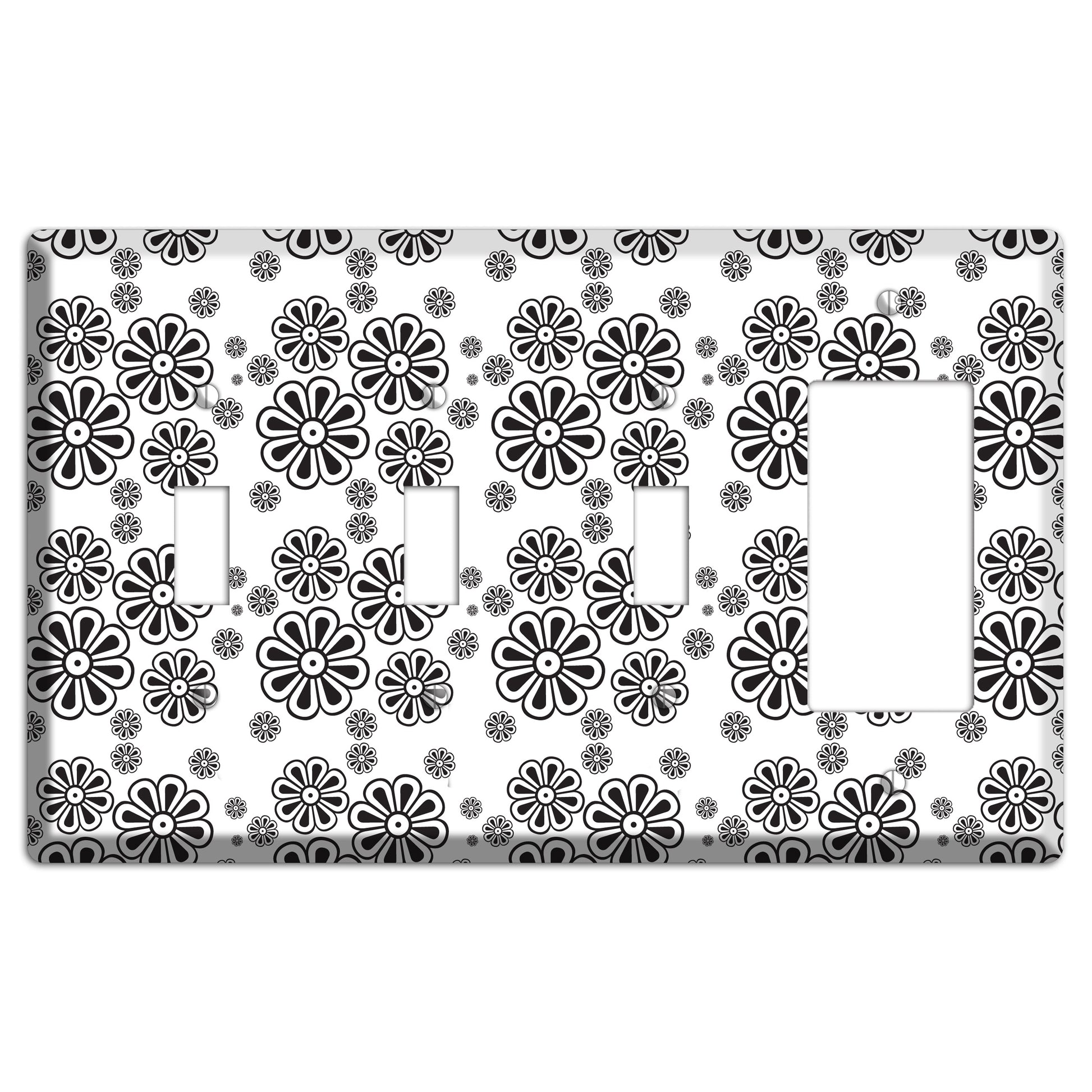 White With Black Small Retro Floral Contour 3 Toggle / Rocker Wallplate