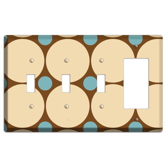 Brown with Beige and Dusty Blue Multi Tiled Large Dots 3 Toggle / Rocker Wallplate