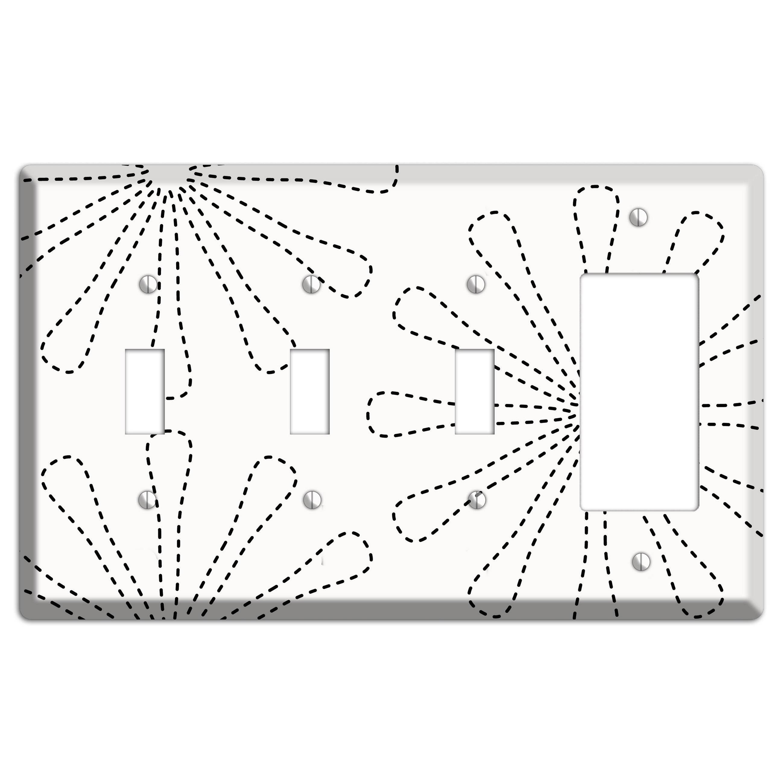 White with Black Retro Stipple Floral Contour 3 Toggle / Rocker Wallplate