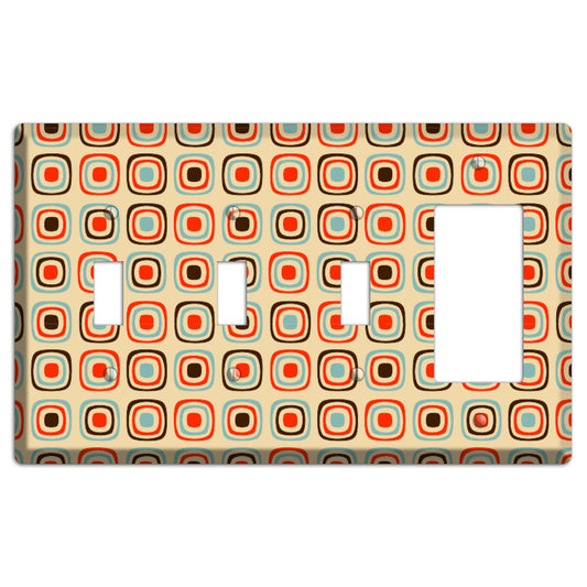 Multi Coral Dusty Blue and Brown Retro Squares 3 Toggle / Rocker Wallplate