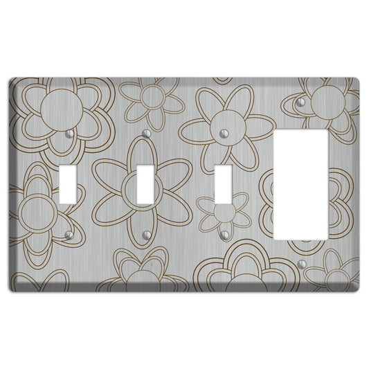 Retro Floral Contour  Stainless 3 Toggle / Rocker Wallplate