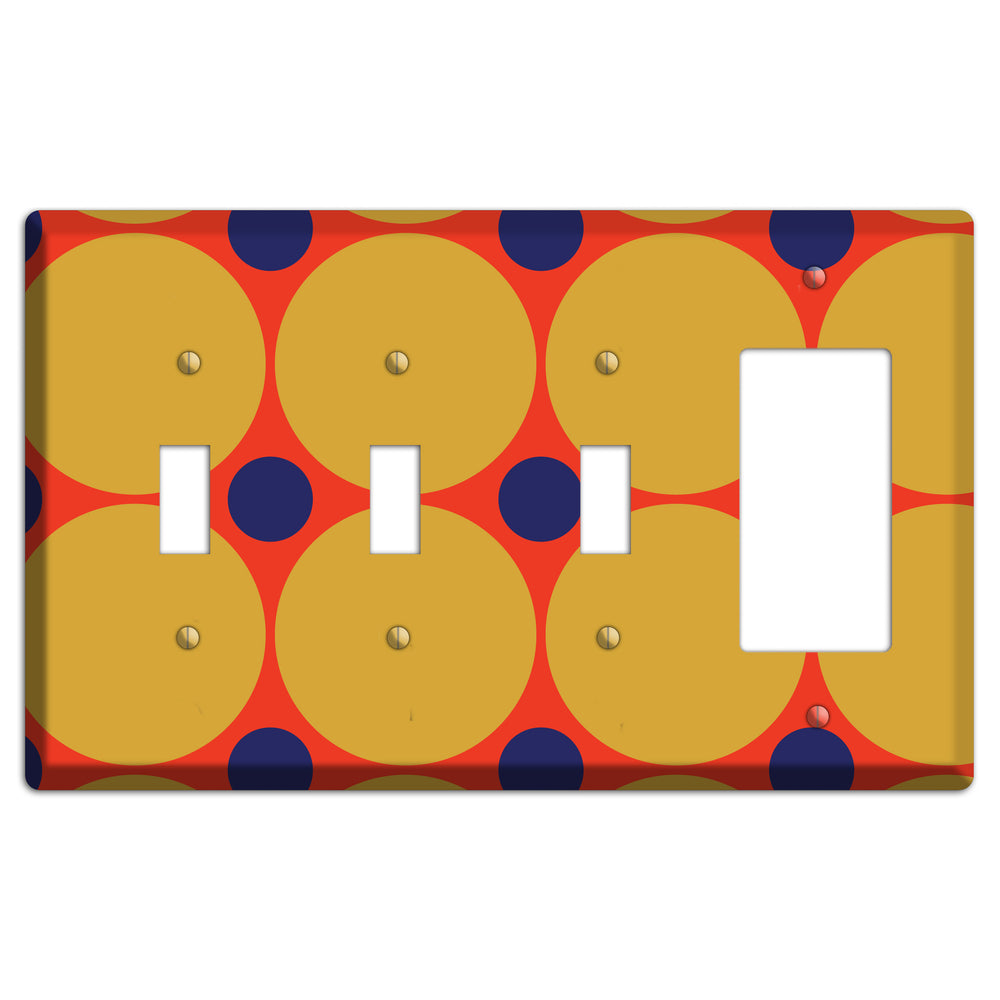 Red with Mustard and Blue Multi Tiled Large Dots 3 Toggle / Rocker Wallplate
