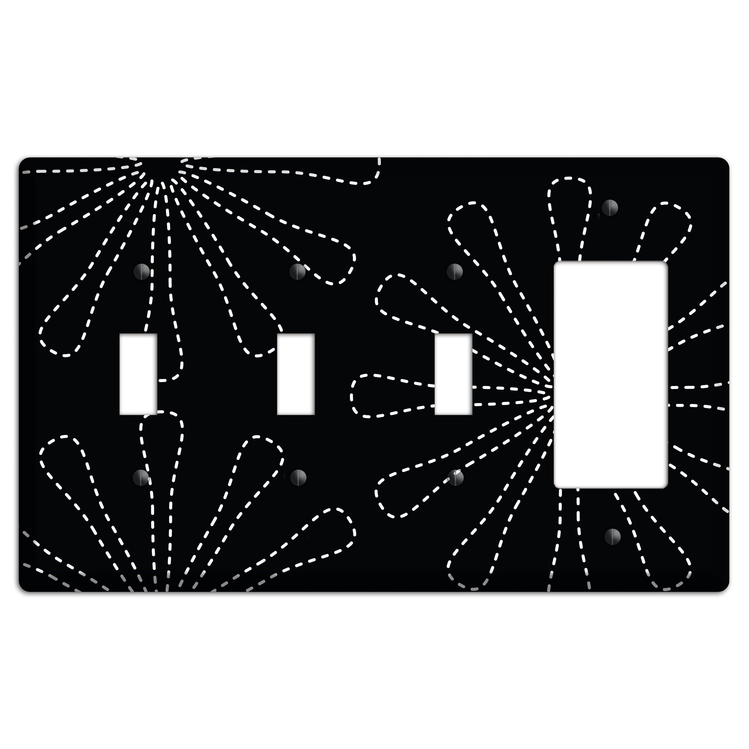 Black with White Retro Stipple Floral Contour 3 Toggle / Rocker Wallplate
