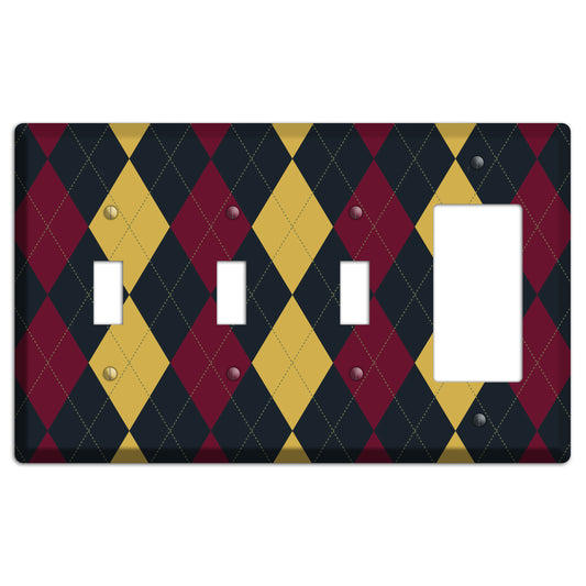 Deep Red and Yellow Argyle 3 Toggle / Rocker Wallplate