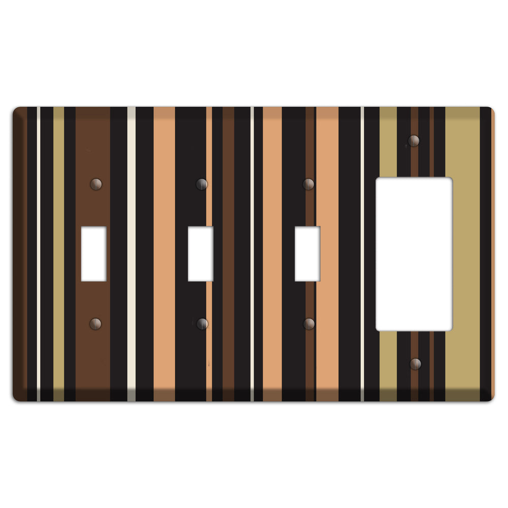 Multi Brown and Coral Vertical Stripe 3 Toggle / Rocker Wallplate
