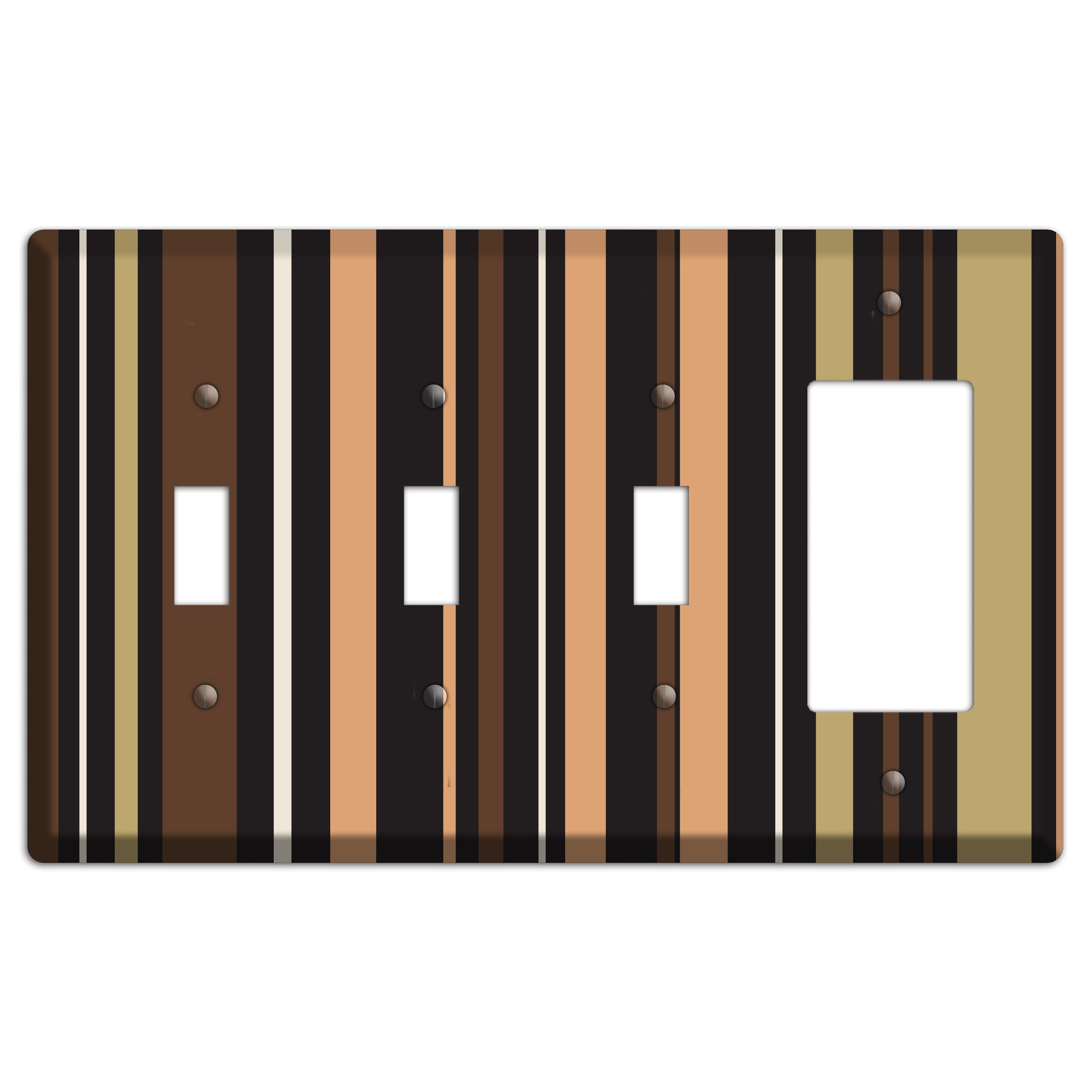 Multi Brown and Coral Vertical Stripe 3 Toggle / Rocker Wallplate
