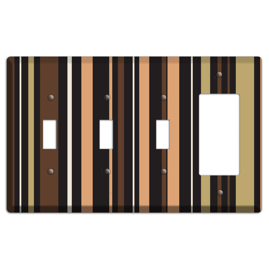 Multi Brown and Coral Vertical Stripe 3 Toggle / Rocker Wallplate