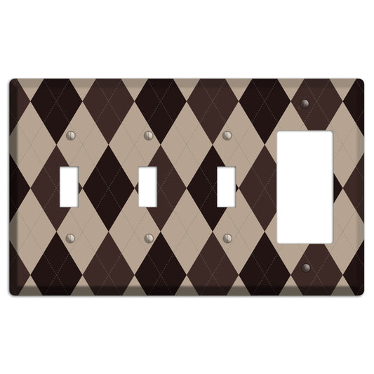 Brown and Beige Argyle 3 Toggle / Rocker Wallplate