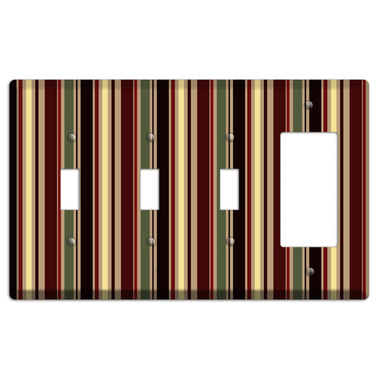 Multi olive and Burgundy Vertical Stripes 3 Toggle / Rocker Wallplate