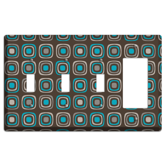Multi Brown and Turquoise Retro Squares 3 Toggle / Rocker Wallplate