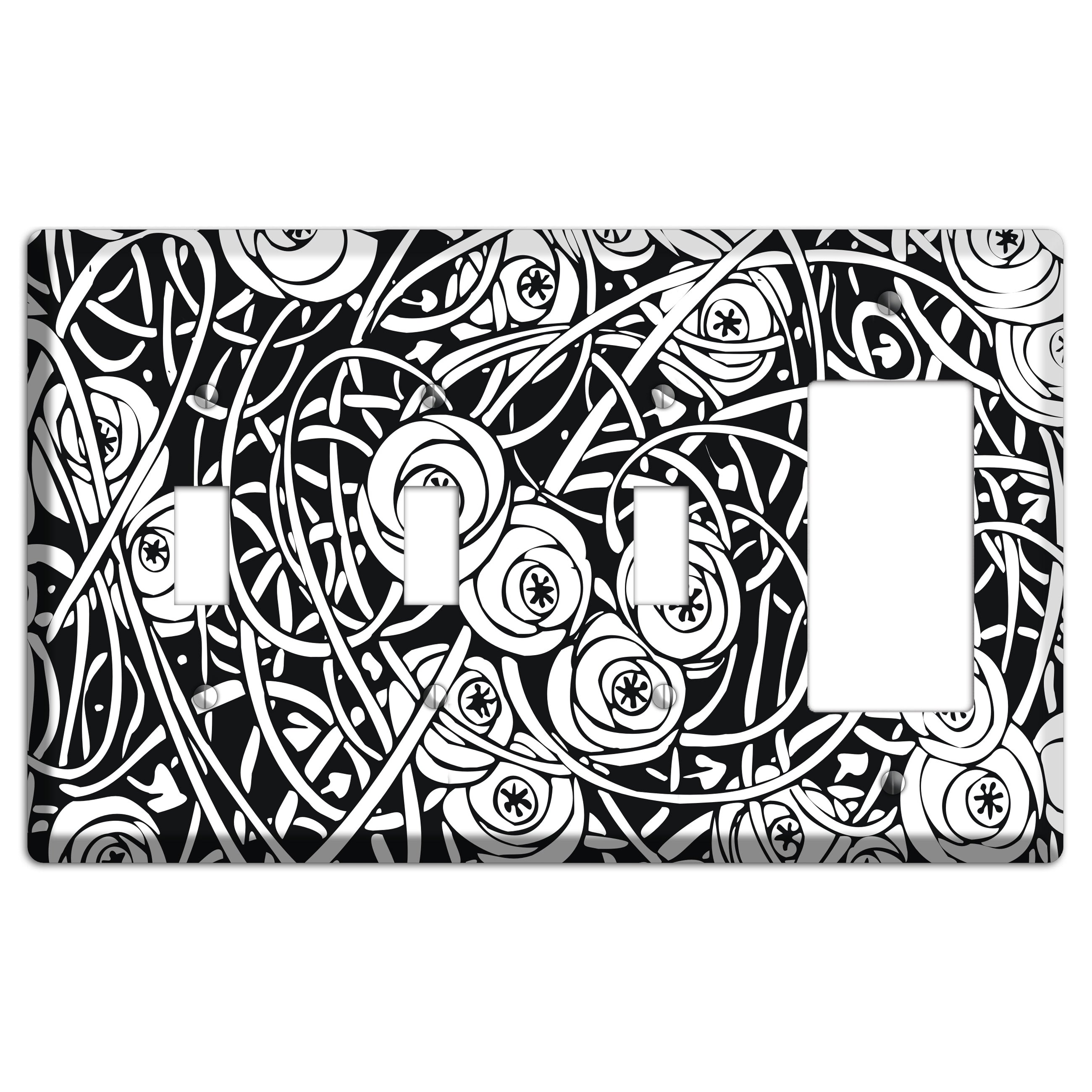 Black and White Deco Floral 3 Toggle / Rocker Wallplate