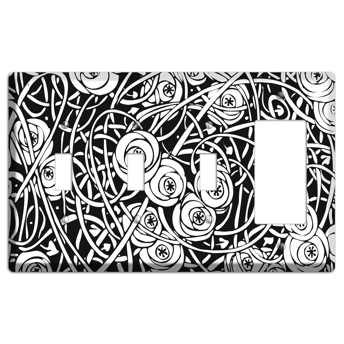 Black and White Deco Floral 3 Toggle / Rocker Wallplate