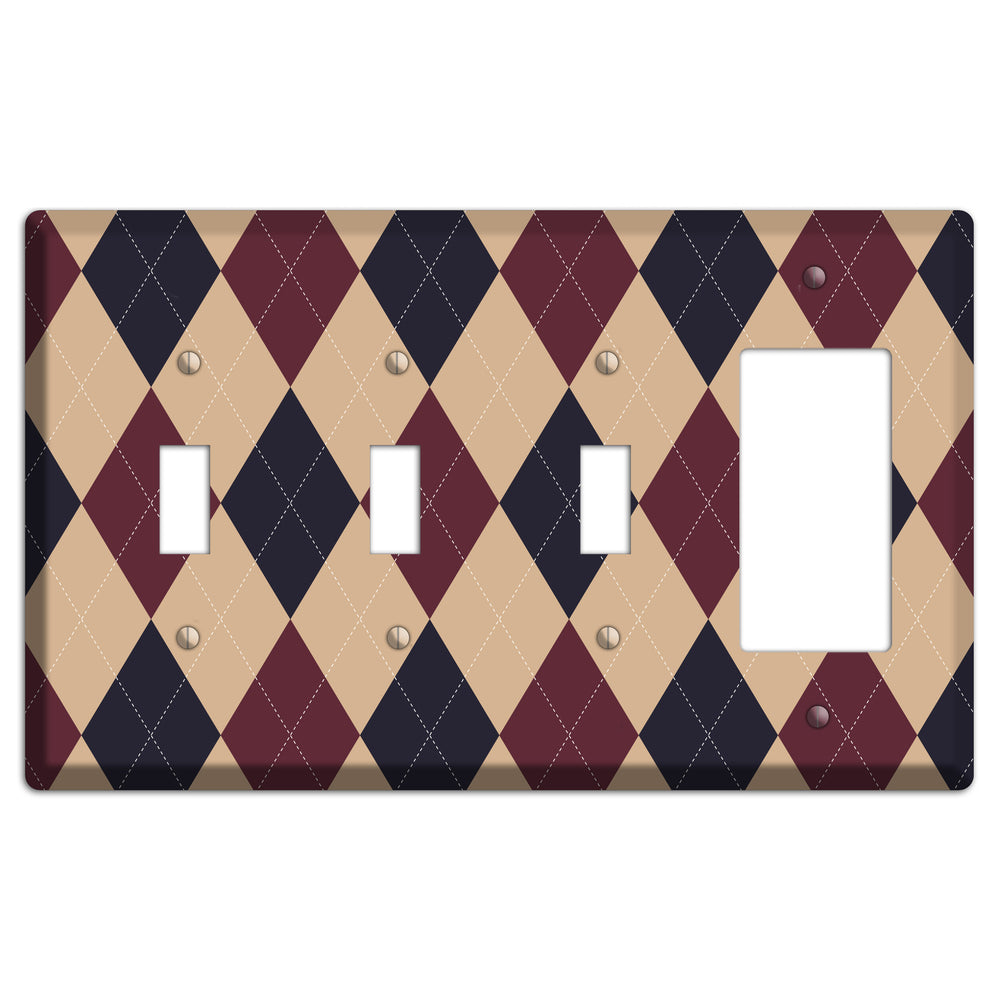 Brown and Tan Argyle 3 Toggle / Rocker Wallplate