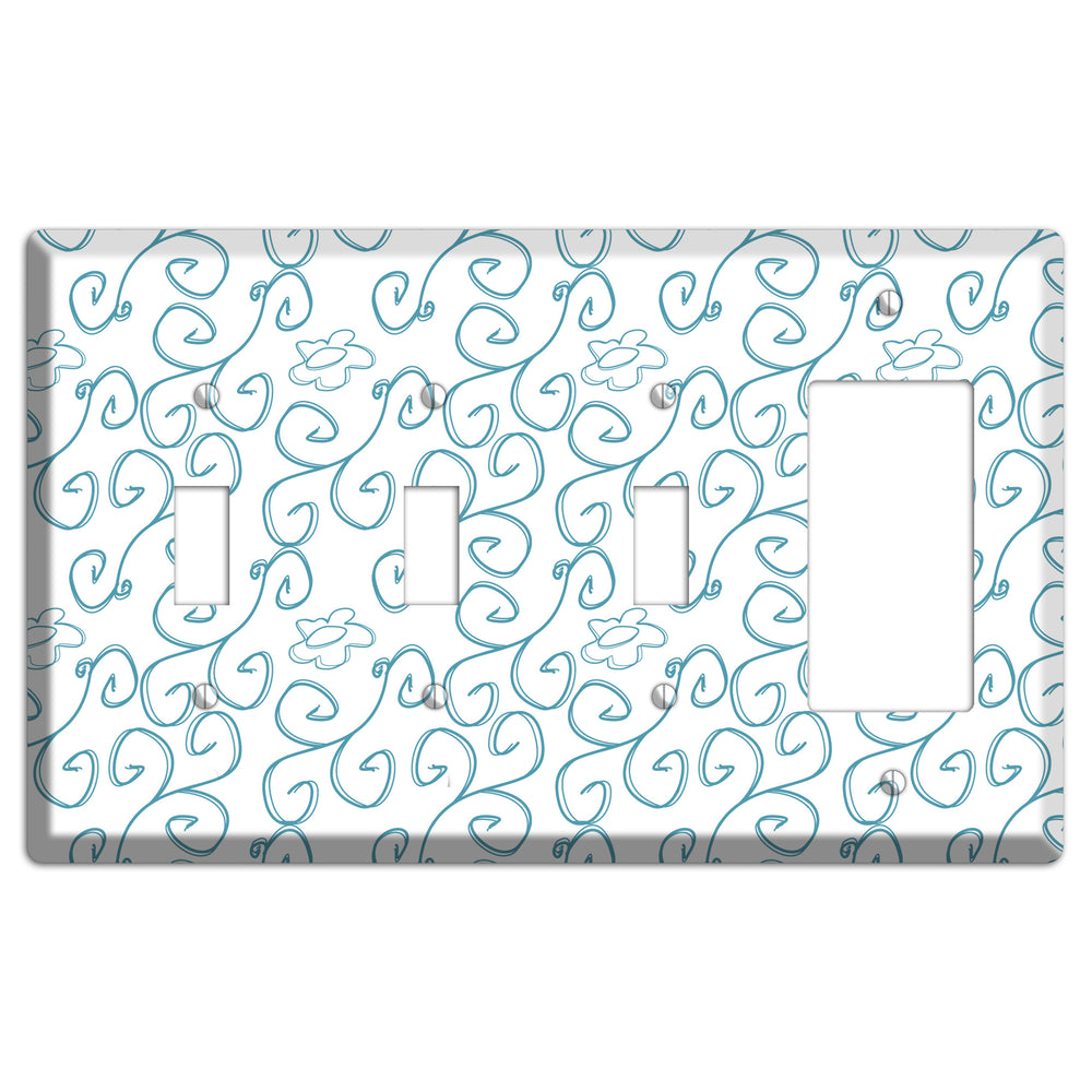 Blue Scroll Flower Contour 3 Toggle / Rocker Wallplate