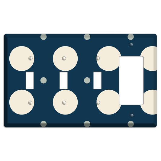 Navy with Off White and Blue Multi Medium Polka Dots 3 Toggle / Rocker Wallplate