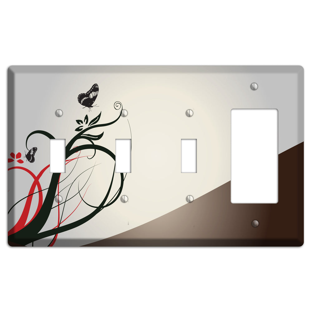 Grey and Red Floral Sprig with Butterfly 3 Toggle / Rocker Wallplate