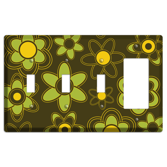 Brown with Lime Retro Floral Contour 3 Toggle / Rocker Wallplate