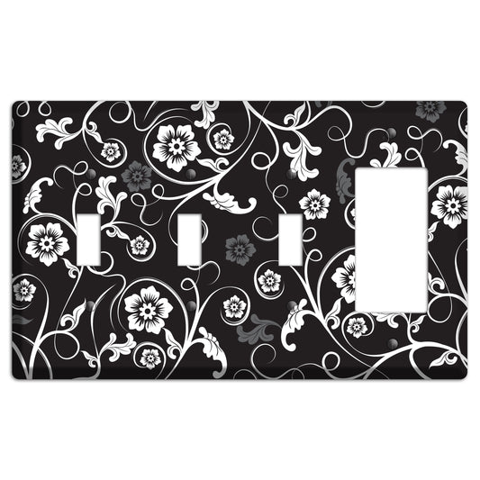Black with White Flower Sprig 3 Toggle / Rocker Wallplate