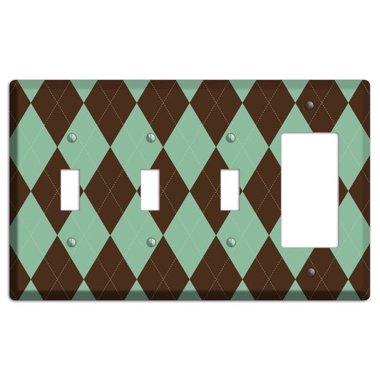 Green and Brown Argyle 3 Toggle / Rocker Wallplate