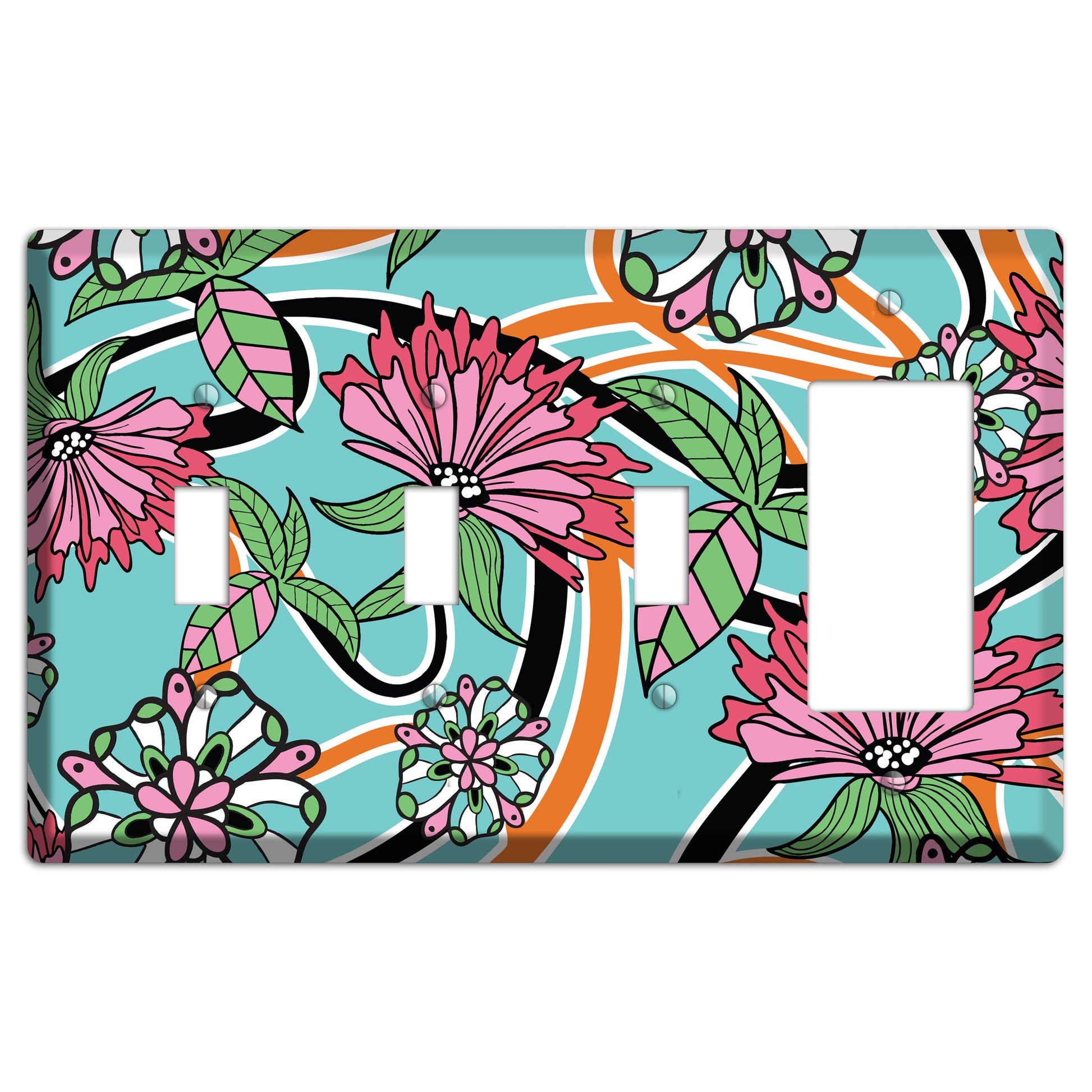 Turquoise with Pink Flowers 3 Toggle / Rocker Wallplate