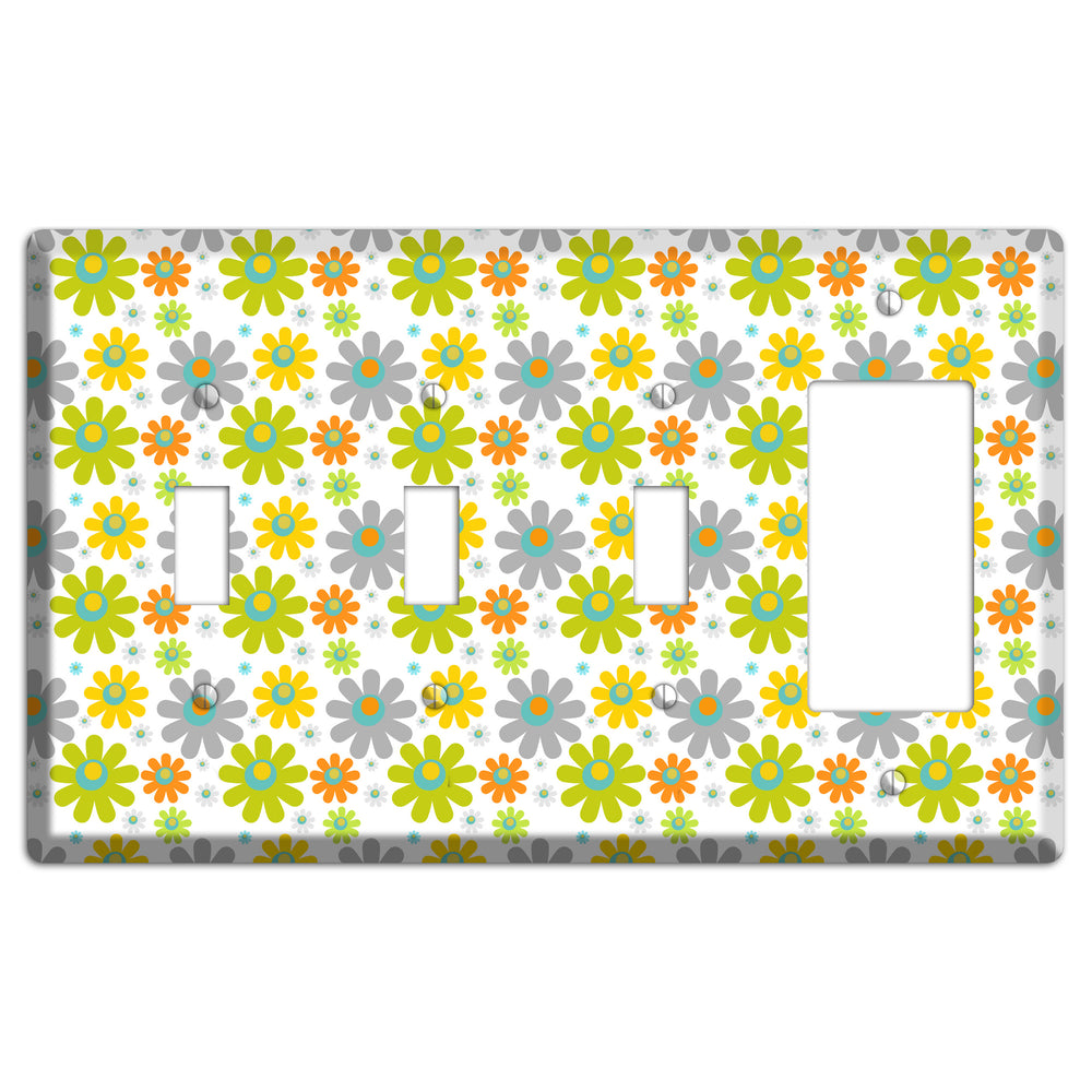 White and Yellow Flower Power 3 Toggle / Rocker Wallplate