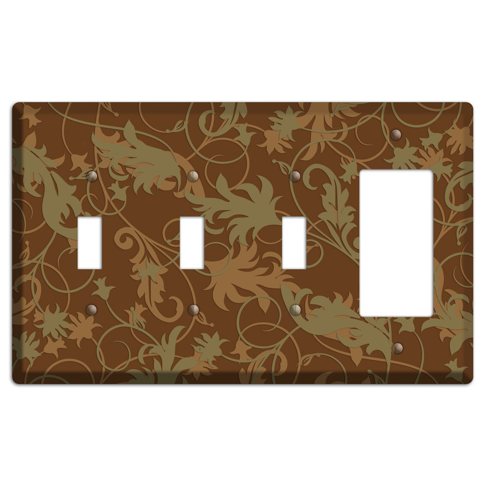 Brown and Olive Victorian Sprig 3 Toggle / Rocker Wallplate