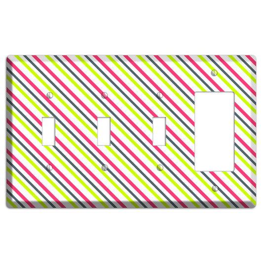 Fuschia and Lime Angled Stripe 3 Toggle / Rocker Wallplate