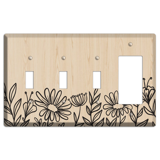 Hand-Drawn Floral 10 Wood Lasered 3 Toggle / Rocker Wallplate