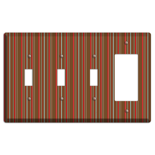 Brown Red and Dusty Blue Vertical Stripes 3 Toggle / Rocker Wallplate