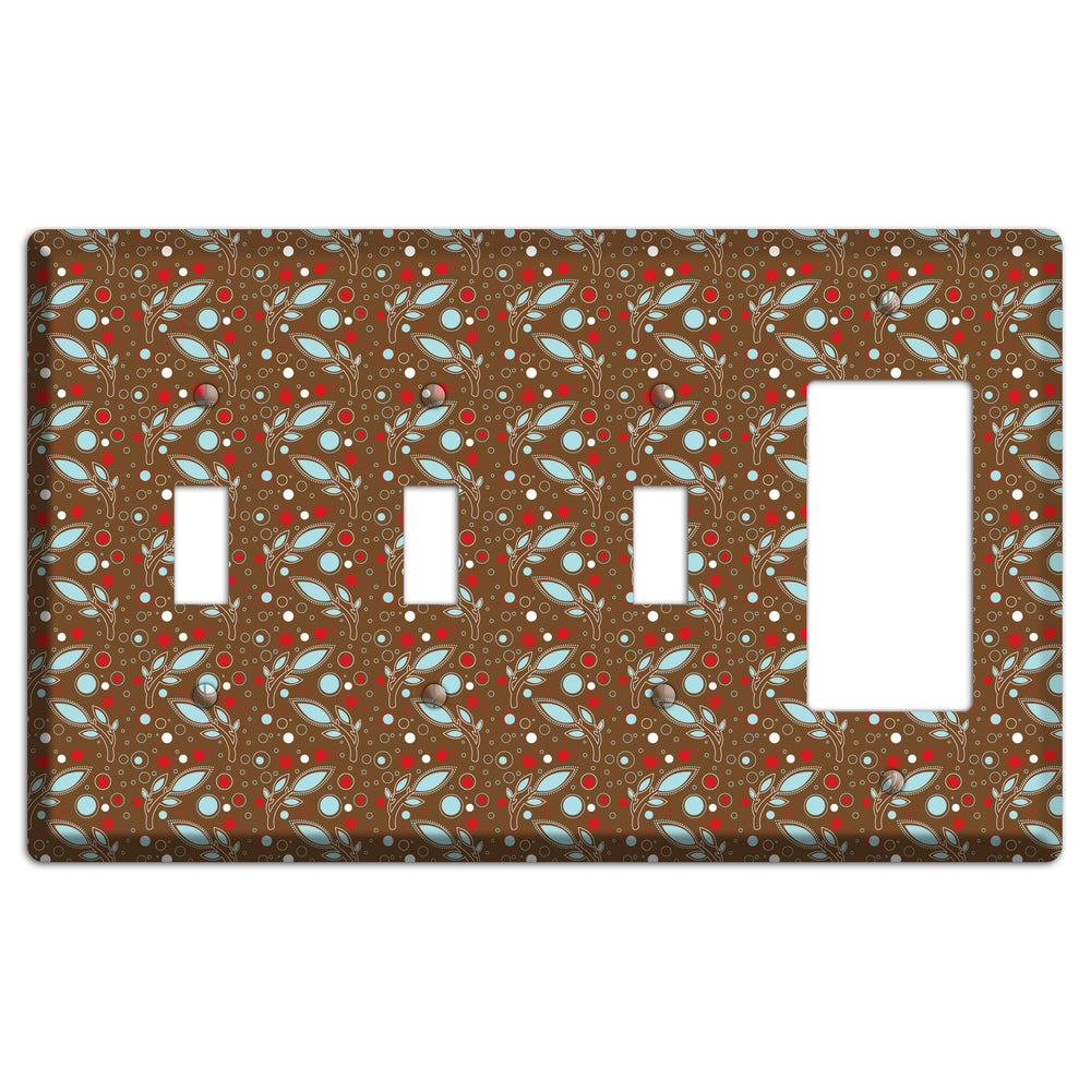 Brown with Red and Dusty Blue Retro Sprig 3 Toggle / Rocker Wallplate