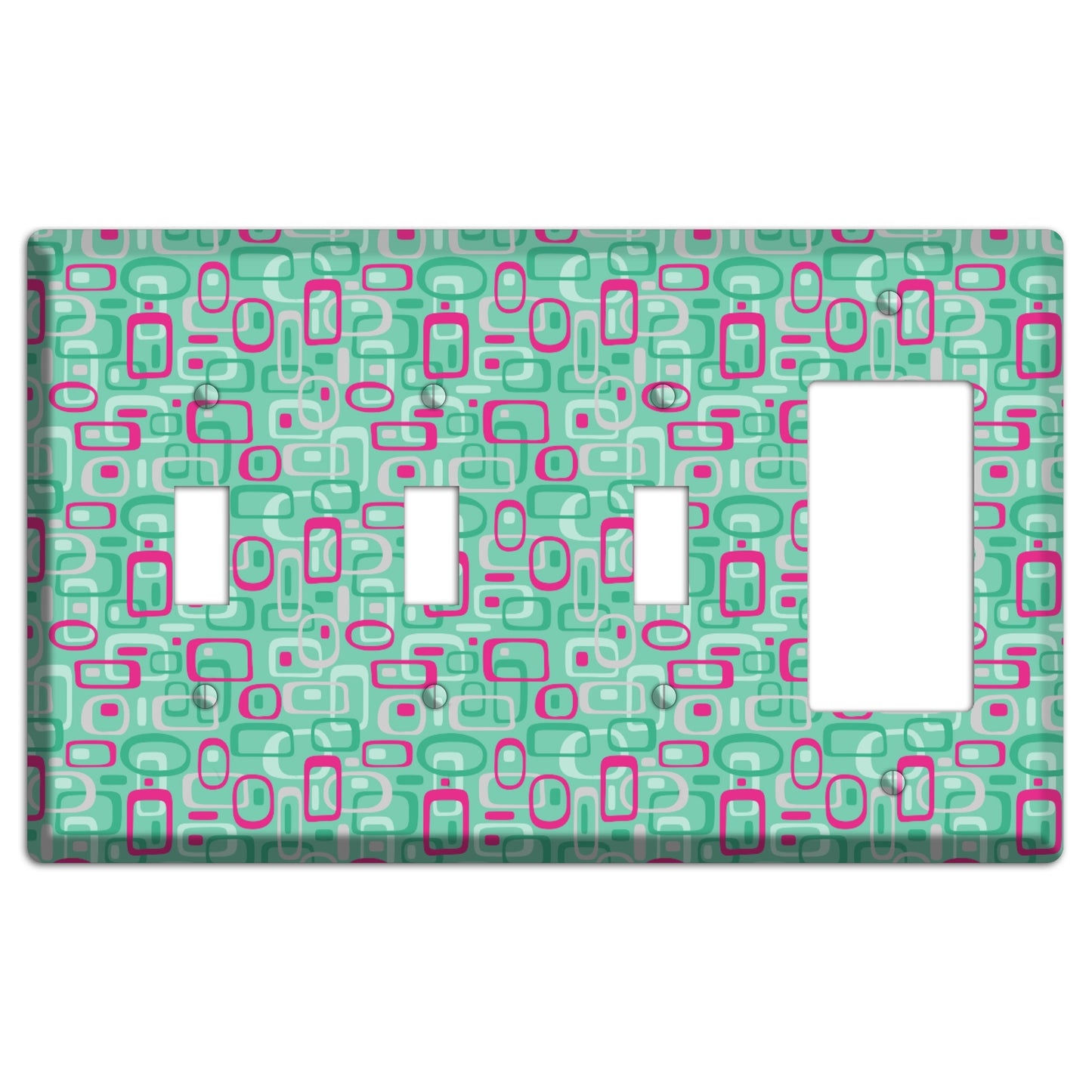 Aqua with Fuschia and Multi Green Retro Squares 3 Toggle / Rocker Wallplate