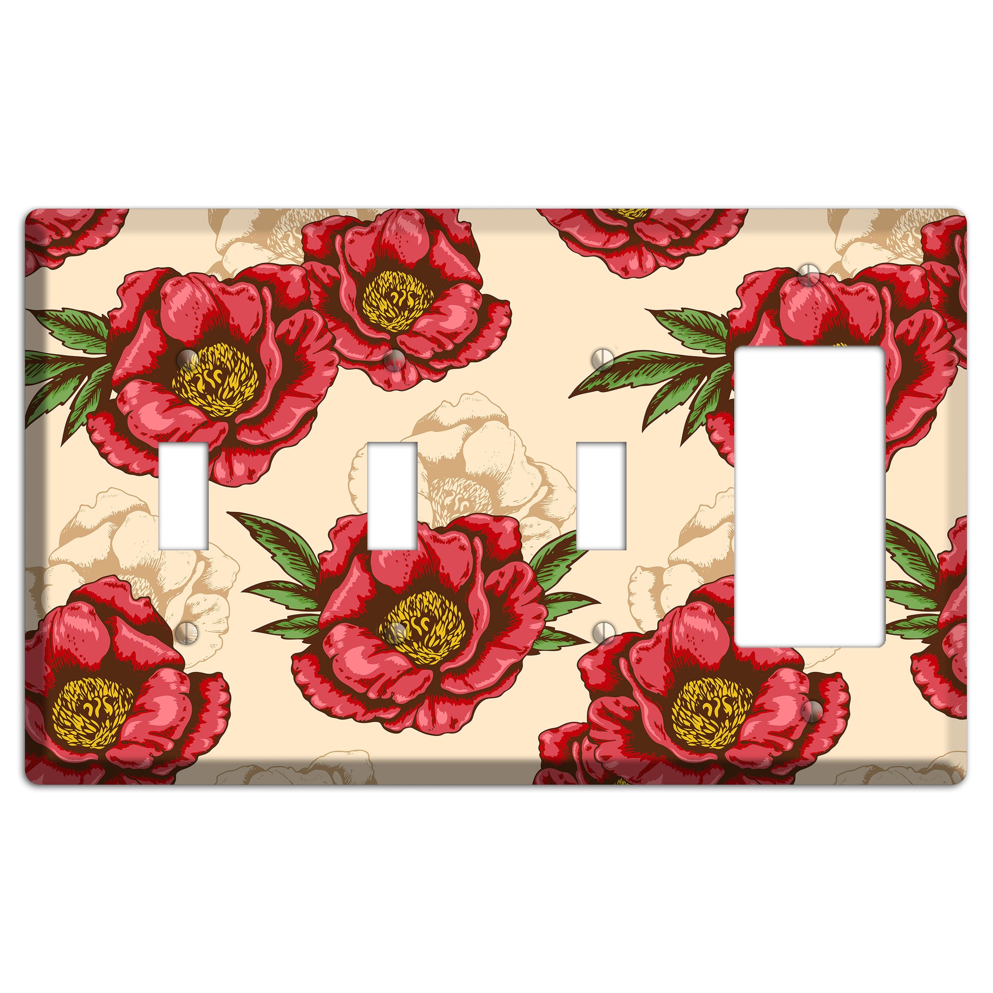 Red Peony Style A 3 Toggle / Rocker Wallplate