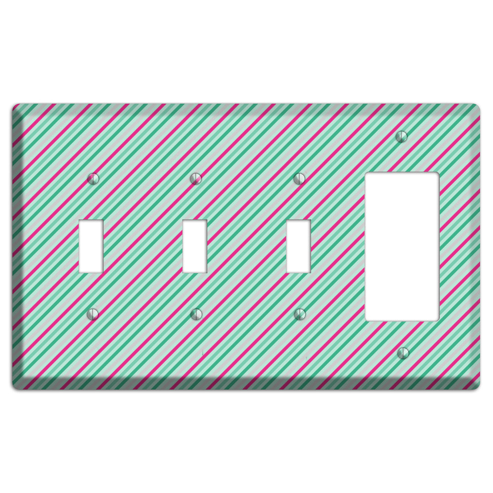 Grey Fuschia and Multi Aqua Angled Stripes 3 Toggle / Rocker Wallplate