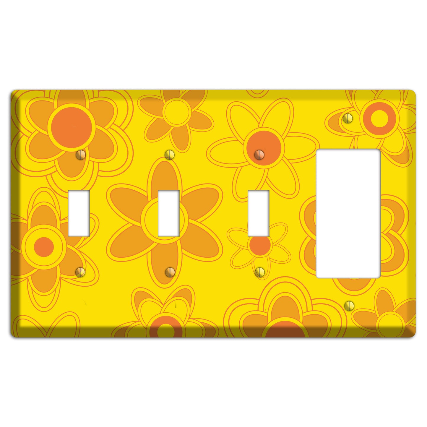 Yellow with Orange Retro Floral Contour 3 Toggle / Rocker Wallplate