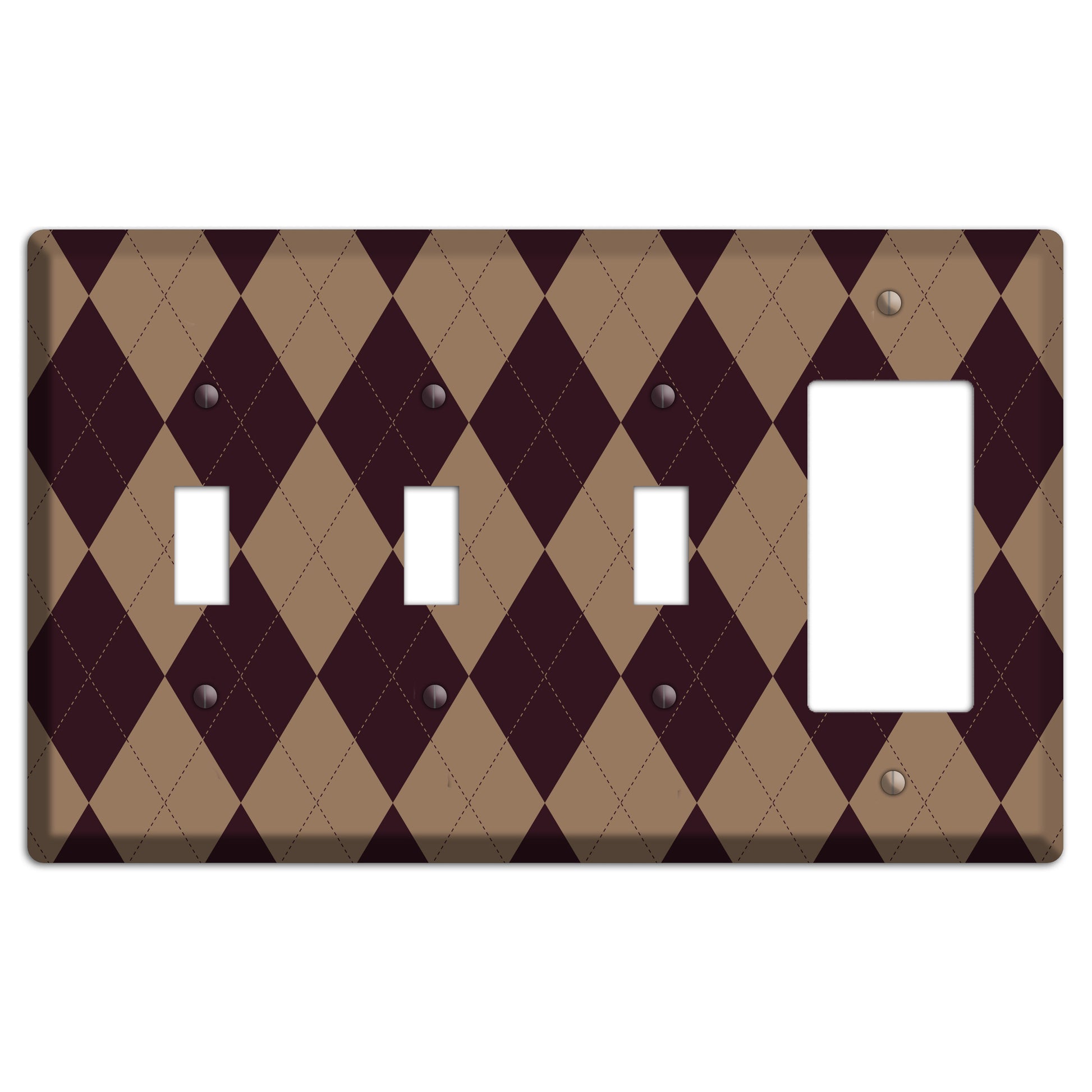 Burguny and Beige Argyle 3 Toggle / Rocker Wallplate