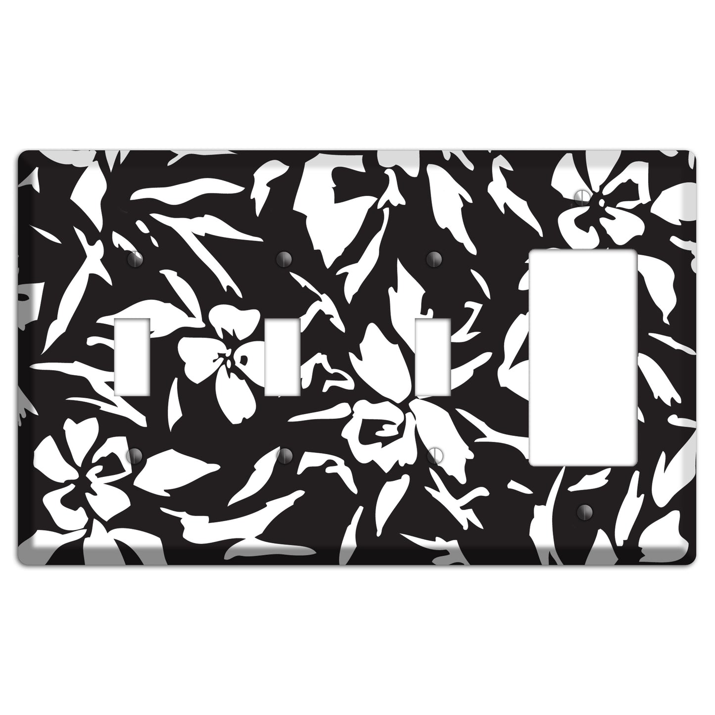 Black with White Woodcut Floral 3 Toggle / Rocker Wallplate