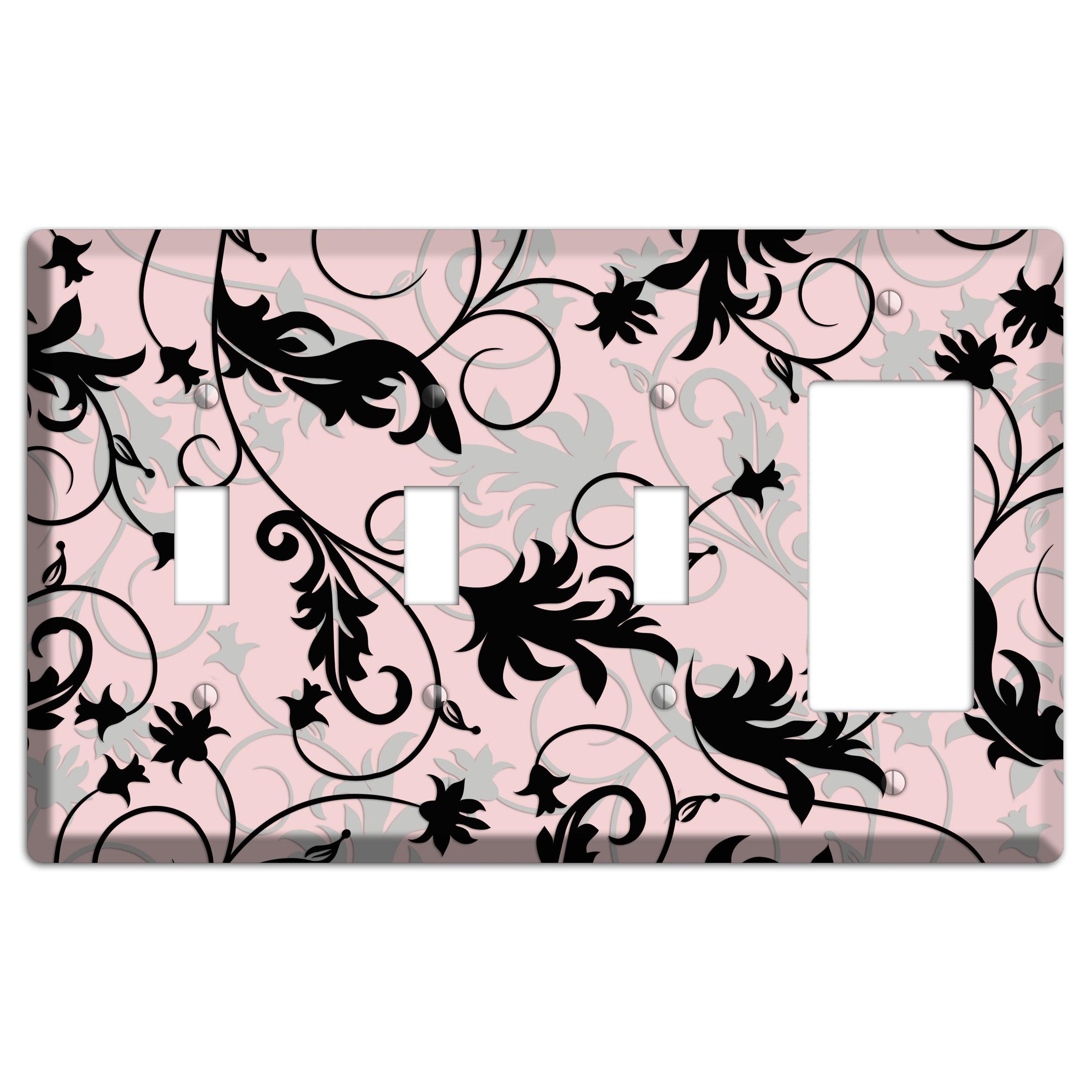 Dusty Pink Grey Black Victorian Sprig 3 Toggle / Rocker Wallplate
