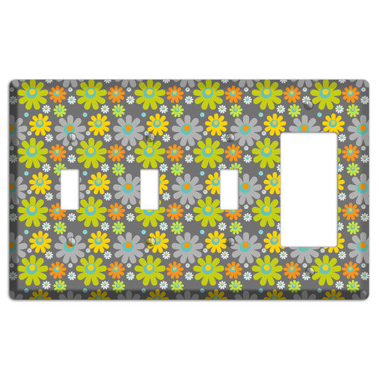 Grey and Yellow Flower Power 3 Toggle / Rocker Wallplate