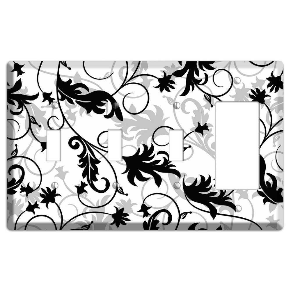 Black White and Grey Victorian Sprig 3 Toggle / Rocker Wallplate
