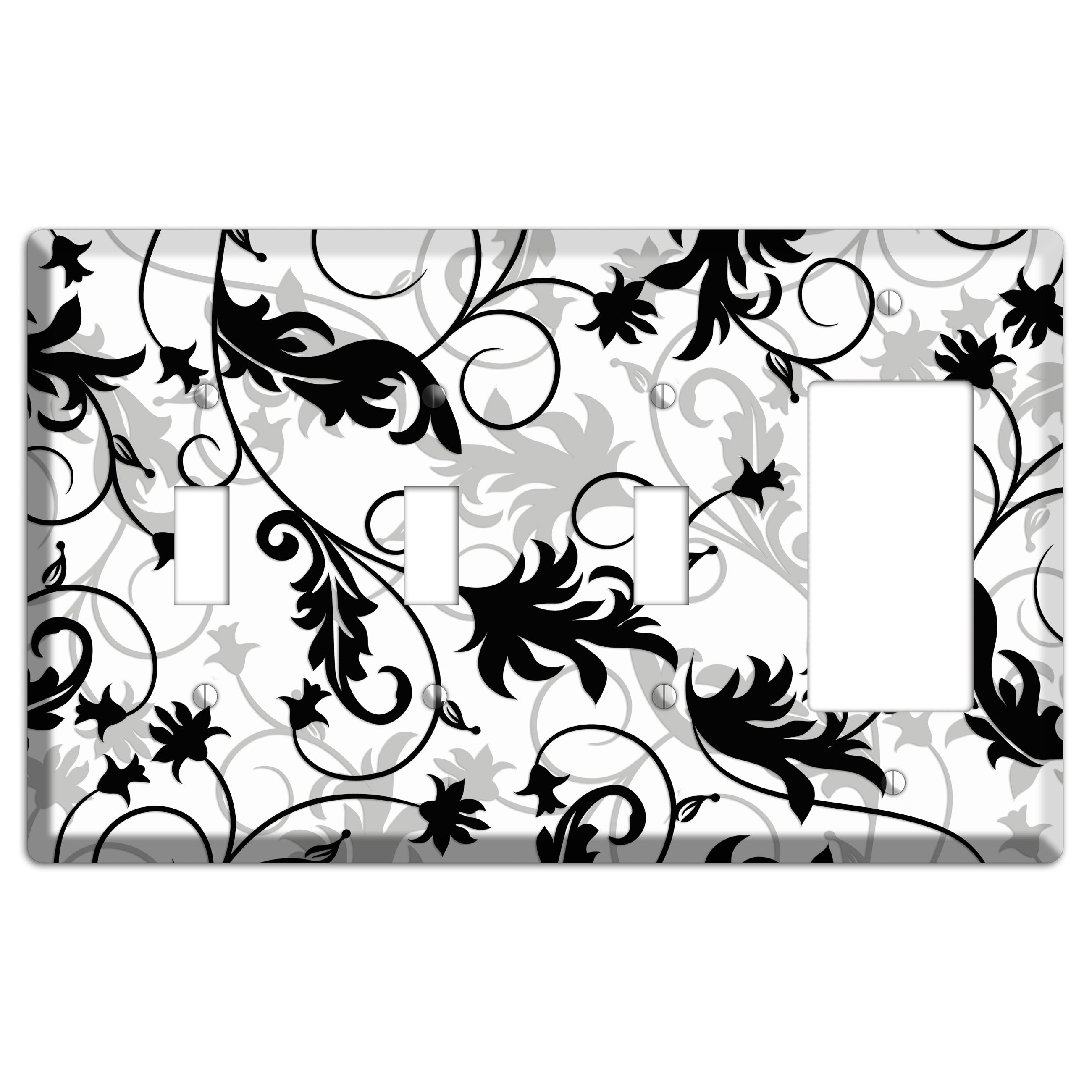 Black White and Grey Victorian Sprig 3 Toggle / Rocker Wallplate