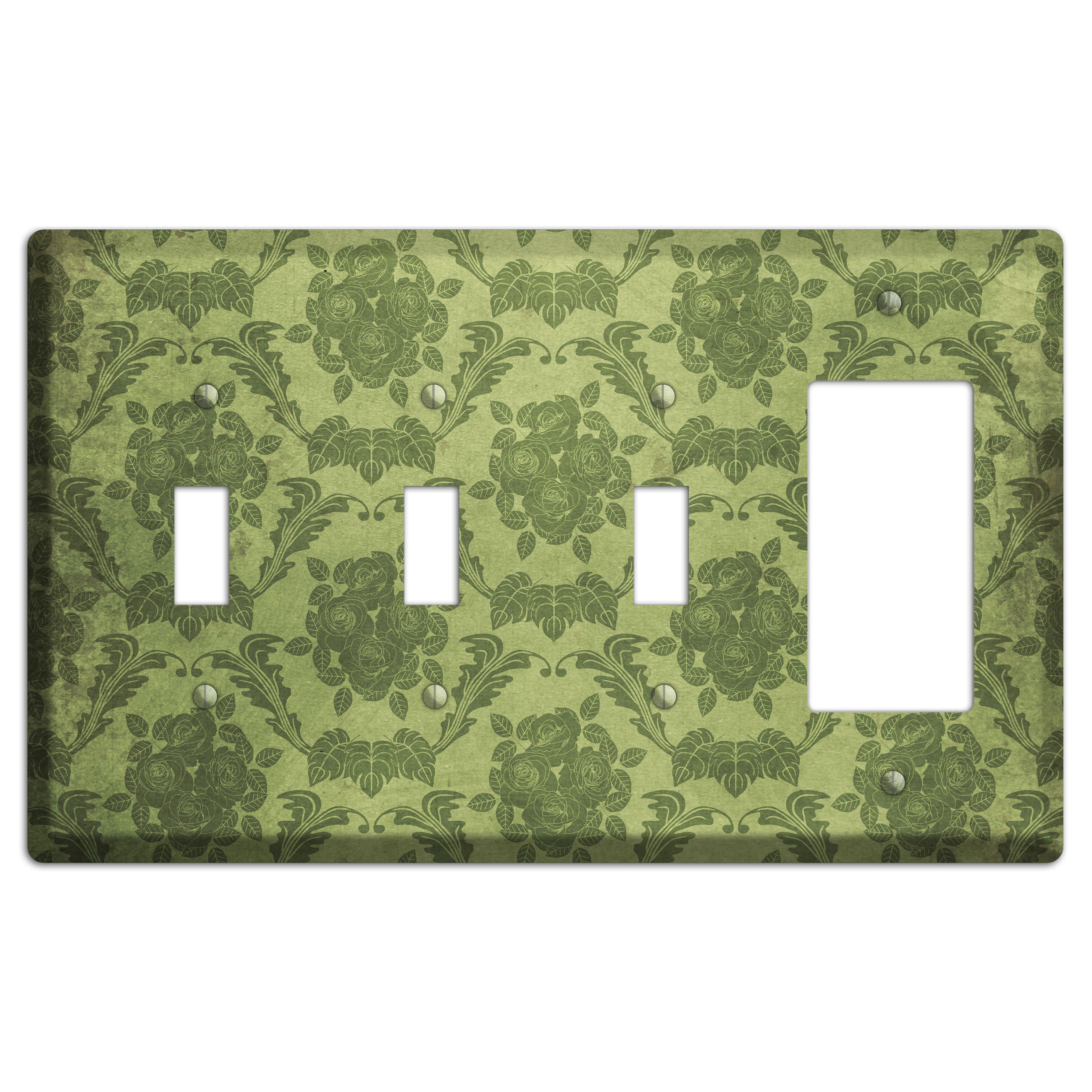 Green Smoke Vintage Rose Damask 3 Toggle / Rocker Wallplate