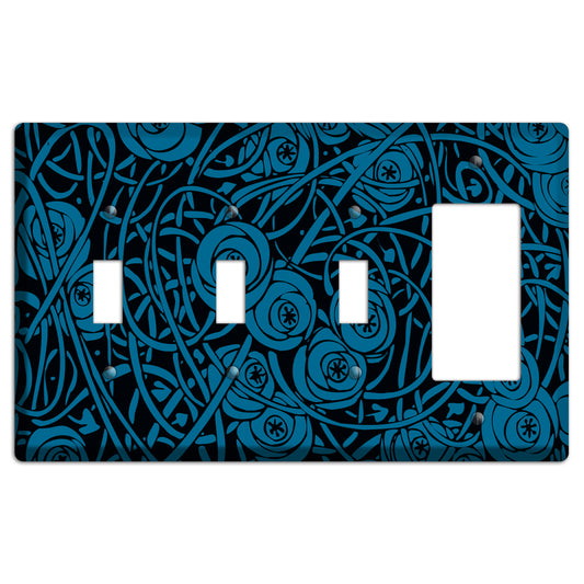 Black and Blue Deco Floral 3 Toggle / Rocker Wallplate